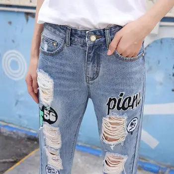 Xisteps Sredi Pasu Svoboden Raztrgala Luknje Uničeno Vezenje Ženske Jeans Traper Hlače Fant Hlače Ženske Priložnostne Ne Stretch