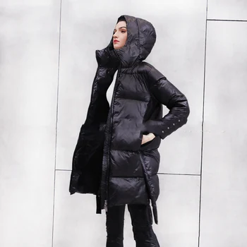LANMREM black mid-dolžina navzdol jakne z zadrgo toplo hooded vse-tekmo plašč pozimi nove velikosti bela raca navzdol oblačila A1563
