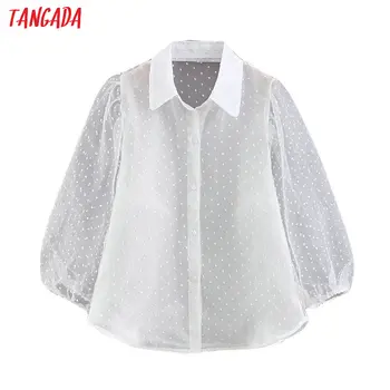 Tangada ženske bele šifon prozorno bluzo z dolgimi rokavi znižuj ovratnik ženski prevelike majice stilsko dame vrhovi SL364