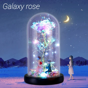 2020 Novo Dekle, ki Želijo Galaxy Rose V Bučko LED Utripa Cvetje V Stekleno Kupolo, za Poročno Dekoracijo Valentinovo Darilo