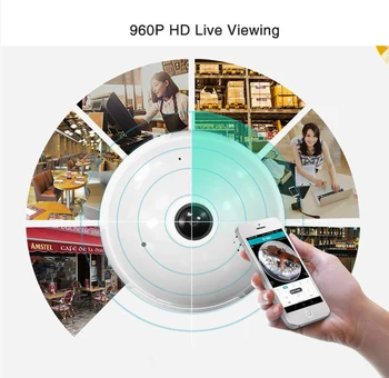 360-Stopinjski Panoramski Video Kamera, Wifi IP Žarnice Nadzor Night Vision 960P Kamera za iPhone Android