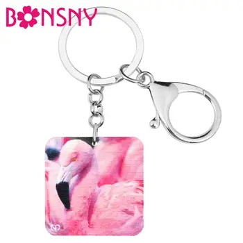 Bonsny Akril Kvadratnih Pink Flamingo Ptica Keychains Keyring Živali Ključnih Verige Nakit Za Ženske Ljubimec Dekleta Darilo Torbico Opremo