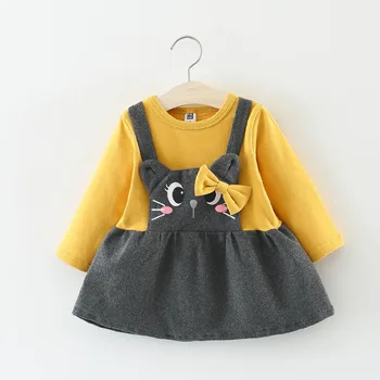 Jesen Pomlad Baby Dekleta Obleke Moda Luštna Mačka Design Dolg Rokav Obleke Za Malčke Dekliška 6 12 18 24 Mesecev Bombaž Obleko