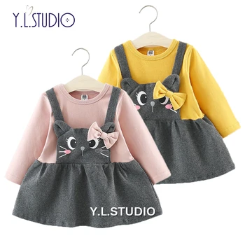 Jesen Pomlad Baby Dekleta Obleke Moda Luštna Mačka Design Dolg Rokav Obleke Za Malčke Dekliška 6 12 18 24 Mesecev Bombaž Obleko