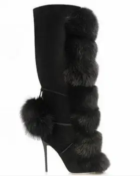 Visoka kakovost mink lasje okras kolena visoki škornji stiletto pete velikost zip krzno žogo jeseni, pozimi sneg škornji seksi ženske škornji