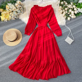 Ženske Hooded Rdeče Dolgo Obleko Letnik Dolg Rokav Vezenje Šifon Obleke Ženska Počitnice Plaže Vestidos Mujer Jeseni leta 2020