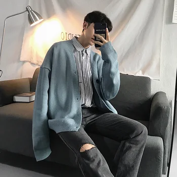 2018 nove lepe korejska različica svoboden nekaj modelov men ' s cardigan pulover siva / kaki / modro nebo, velikost M-XL