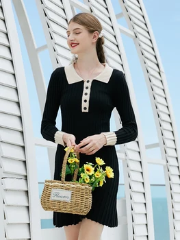 FMFSSOM Pomlad Ženske Pletenje River Trak Obleko Trdno-Line Preppy Stil Dama Črno Obleko francoski Romantični Pletenje Krilo