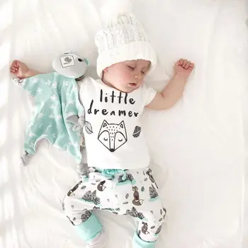 2019 Newborn Baby Girl Boy Oblačila Pismo Živali Natisnjeni T-shirt Kratek Rokav Vrhovi+Drevo Tiskane Hlače Obleke Set