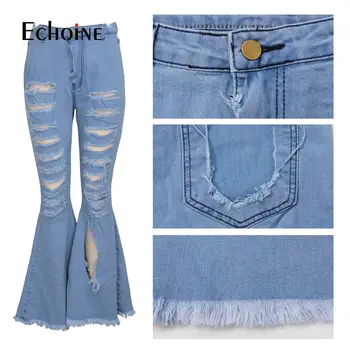 Echoine 2020 Poletje Ripped Kavbojke Za Ženske, Visoka Vitka Jeans, Moda Flare Kavbojke Z Luknjami Letnik Bell Dnu Jeans Oblačila