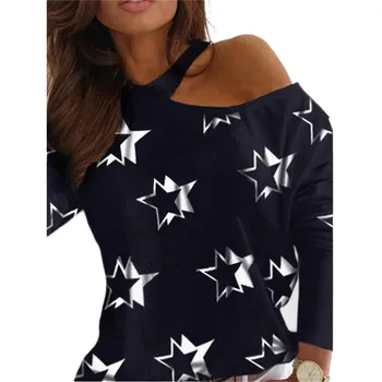 Moda za Ženske do leta 2020 Pomlad T-majice Črke Ljubezen Natisnjeni Mozaik O-vrat Tee Majica Dolg Rokav Priložnostne Beli Vrhovi Plus Velikost M0101