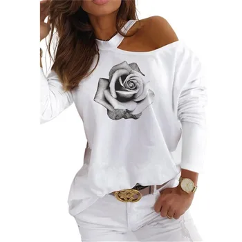 Moda za Ženske do leta 2020 Pomlad T-majice Črke Ljubezen Natisnjeni Mozaik O-vrat Tee Majica Dolg Rokav Priložnostne Beli Vrhovi Plus Velikost M0101