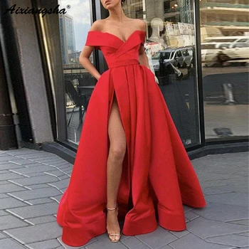 Elegantno Off Ramo Red Party Obleke Saten Seksi Prom Oblačenja Modro Nebo Visoko Režejo Plus Velikost Prom Obleke Dolgo vestido fiesta