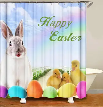 Srčkan Zajec Tuš Zavesa Risanke Happy Easter Poliester Nepremočljiva Kopalnica Tuš Zavesa Z 12 Kljuke