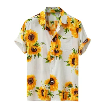 2020 Moške Srajce Pisane Poletne Kratek Rokav Svoboden Gumbi Hawaiian Sončnično tiskanja Priložnostne Srajco Blusas moške srajce 2020