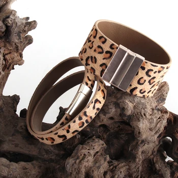 RH Moda 2.8 cm Usnje Armbander Magnetno Zaponko Pravi Leopard Preslice Usnje Zaviti Zapestnice Za Ženske