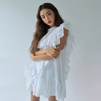 CHICEVER korejski Mozaik Ruffle Obleko Za Ženske O Vratu Metulj Kratek Rokav Oversize Svoboden Mini Obleke 2020 Novih Oblačil