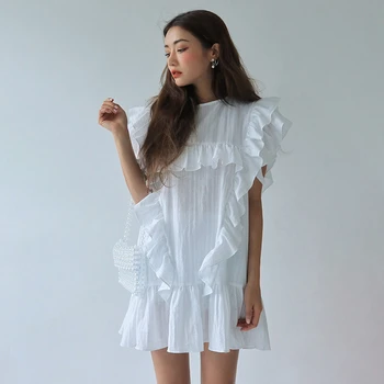 CHICEVER korejski Mozaik Ruffle Obleko Za Ženske O Vratu Metulj Kratek Rokav Oversize Svoboden Mini Obleke 2020 Novih Oblačil
