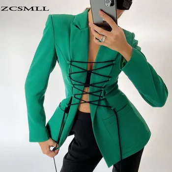 ZCSMLL Zelena Ženske Jopič Zavoj navzdol Ovratnik, Dolgi Rokavi korejski Moda 2021 Nove Jesensko Zimske Svoboden Gumbi Ženski Plašč Tide