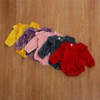 5 Barv Za Malčke Oblačil Za Pomlad Jesen Novorojenega Dojenčka Baby Dekleta Ruffles Žamet Dolg Rokav Gumb Romper Jumpsuits Eno-Kosov