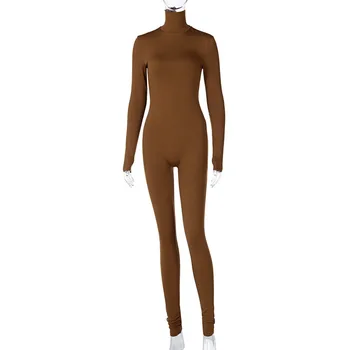Navaden Barvni Ženske, Igralne Obleke 2021 Long Sleeve Solid Turtleneck Suh Bodycon Jumpsuit Moda Fitnes Priložnostne Enodelni Kombinezon
