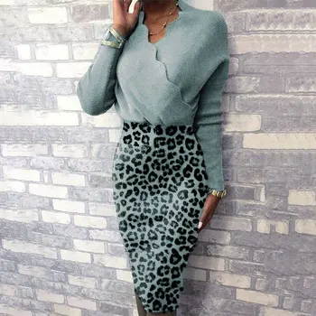 Ženske Proti-Vrat Obleko 2021 Leopard Dolg Rokav Visoko Pasu Hip Paket Office Seksi Dama Stranke Obleke Jeseni Lady Elegantno Vestidos