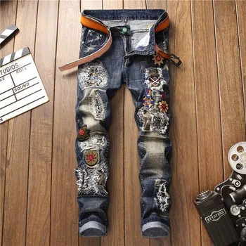 ABOORUN Punk Moda za Moške Jeans Cvet Vezenje Mozaik Kavbojke Moški blagovne Znamke Raztrgala Traper Hlače x1401