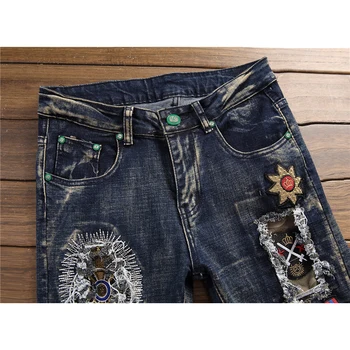 ABOORUN Punk Moda za Moške Jeans Cvet Vezenje Mozaik Kavbojke Moški blagovne Znamke Raztrgala Traper Hlače x1401