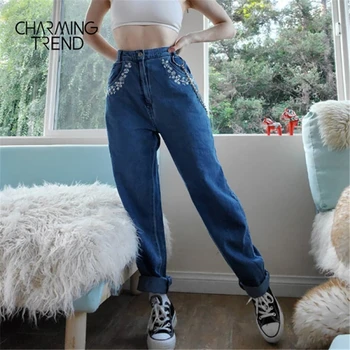 Charmingtrend Žensk vezene kavbojke Elegantna 2020 Nove mid-pas žep Priložnostne Traper hlače naravnost dekle jeans hlače modre