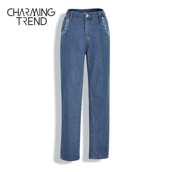 Charmingtrend Žensk vezene kavbojke Elegantna 2020 Nove mid-pas žep Priložnostne Traper hlače naravnost dekle jeans hlače modre
