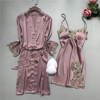 2PCS Nighty&Haljo Nastavite Sleepwear Ženske Satenast Kimono Plašč Nightgown Čipke Mozaik Seksi kopalni plašč Nightdress 2021 Novo More