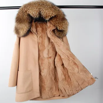 2019 modne zimske ščuka dvojno, s katerimi se soočajo kašmir plašč ženske rex zajec krzno oblog naravnih rakun krzno ovratnik svoboden hooded suknjič