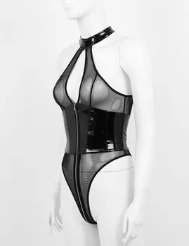 Moda 2020 Ženska Seksi Kostumi Lakasto Usnje Očesa Splice Perilo Povodcem Vratu Visoko Izreži Zadrgo Leotard Bodysuit More