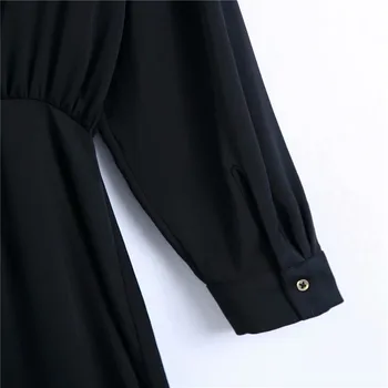 Za Ženske Pletene Saten Midi Črno Obleko 2020 Letnik Dolg Rokav Urad Dama Obleke Ženska Moda Spredaj Gumb Opremljena Vestido