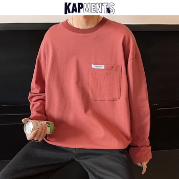 KAPMENTS Moških korejski Trdna Pocket T-majice Dolg Rokav 2020 Mens Harajuku Japonski Ulične Tshirts Moški Plus Velikost Oblačila 5XL