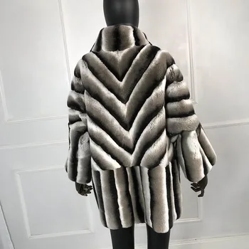 Visoka Kakovost, Elegantna Ženske zimsko jakno Chinchilla Barve z stoječi ovratnik Naravnih Pravi Krzno plašč z batwing rokav Genu