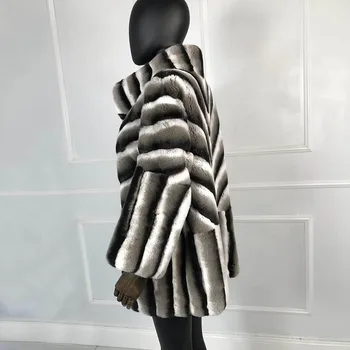 Visoka Kakovost, Elegantna Ženske zimsko jakno Chinchilla Barve z stoječi ovratnik Naravnih Pravi Krzno plašč z batwing rokav Genu
