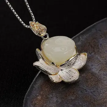SNew srebro naravnih vdelan Hetian bela Chalcedony lotus žensk temperament noble light luksuzni občutek ogrlica