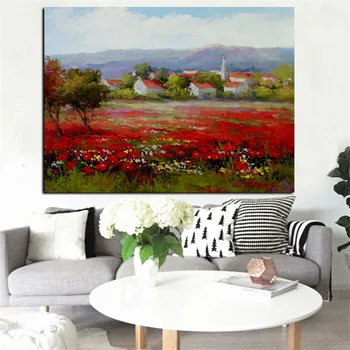 Povzetek Rdeči Cvet Maka Krajine Oljna slika na Platnu Moderna Pastorala Fotografij in Plakatov Wall Art Slike za Dom Dekor