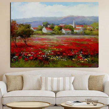 Povzetek Rdeči Cvet Maka Krajine Oljna slika na Platnu Moderna Pastorala Fotografij in Plakatov Wall Art Slike za Dom Dekor