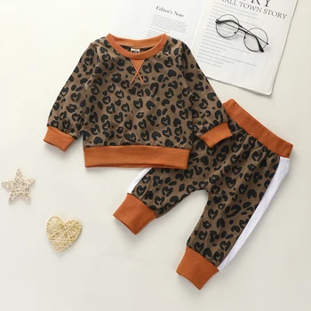 2pcs Novorojenčka Fant Dekle 0-24M Leopard Otroške Obleke z Dolgimi Rokavi O-Vratu Puloverju Barve Črne Hlače, Priložnostne Slog, Trenirka