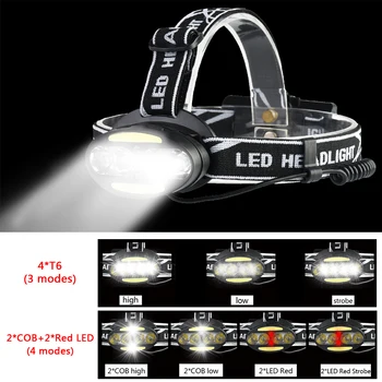 Pocketman LED smerniki 6000 Lumnov žaromet, 4*T6+2*COB+2*Rdeča LED Glavo Svetilka Svetilka Svetilka Lanterna z baterij, polnilnika