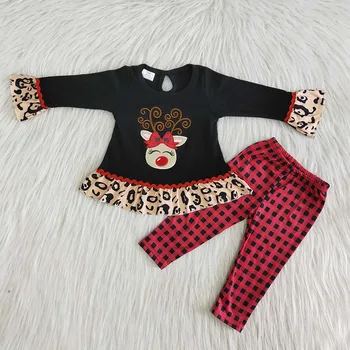 Debelo Otrok Baby Dekleta Boutique Božič Vezenih Jelenov Določa Otroci modi Leopard Shirt Obleko Hlače Oblačila