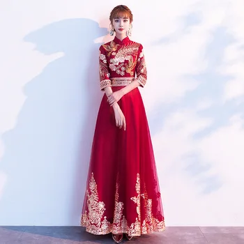 Kitajski Slim Neveste Poroka Banket Cheongsam Obleko Trgatev Mandarin Ovratnik Lady Dolgo Qipao Vezenje Phoenix Večer Maturantski Obleki