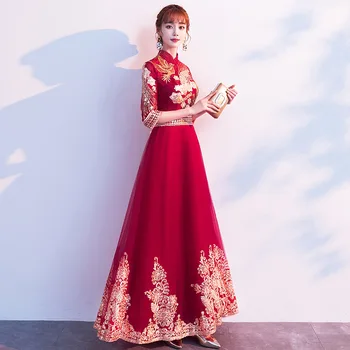 Kitajski Slim Neveste Poroka Banket Cheongsam Obleko Trgatev Mandarin Ovratnik Lady Dolgo Qipao Vezenje Phoenix Večer Maturantski Obleki