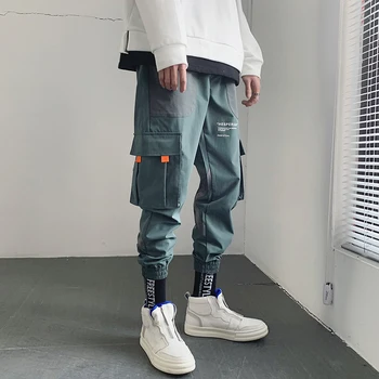 Moda Ulične Joggers Moške Cargo Hlače Barvni Blokiranje Multi-žep prepredeni Trak Oprati Koničastimi Sweatpants Techwear
