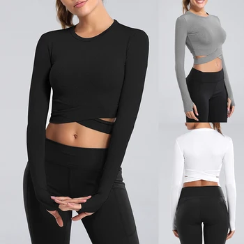 2020 Dolg Rokav Teče Majice Ženske Seksi Izpostavljeni Popka Joga T-majice Quick Dry Fitnes Gym Crop Tops Trdna Športne Majice