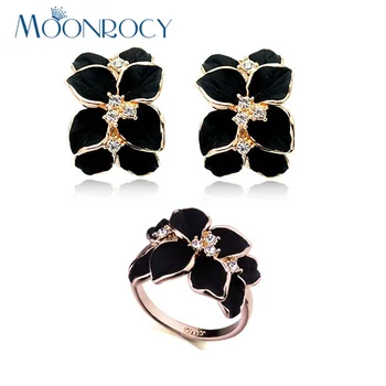 MOONROCY Brezplačna Dostava moda rose Gold Barvi Uhani in Prstan kristalno črni cvet Nakit Set za ženske