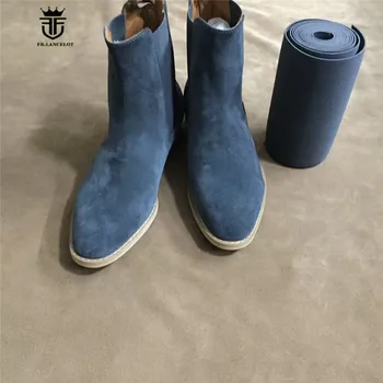 Zdrs na Klin Udobno Siva/Temno Modra Antilop Usnja Chelsea Škornji Ponited Toe Jeansa, Ročno izdelana Obleka, Čevlji