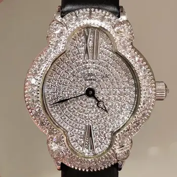 Luksuzni Pravega Usnja Watchband Cirkon Kamen Kristali Kremena ročno uro Oblikovalec elipse Izbiranje Watch Ura Za Ženske